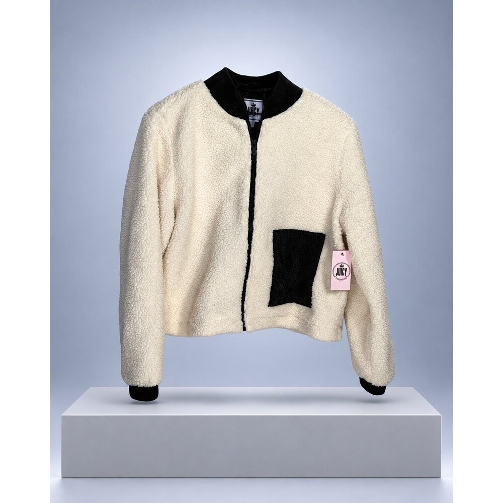 Juicy Couture Womens Bomber Jacket XL Ivory Black NWT Long Sleeve Full Zip